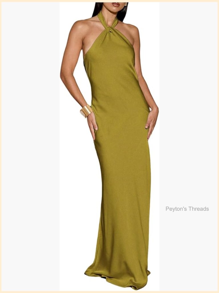 Satin Halter Maxi Dress Open Back Bodycon Evening Party